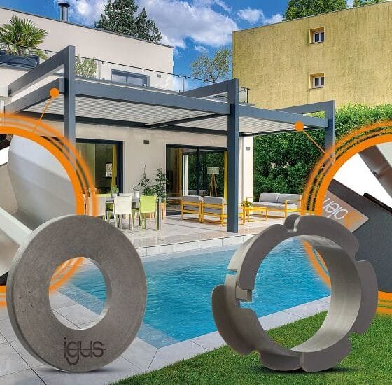 Sunilux Solembra elektrikli biyoklimatik pergolanın alüminyum lamelleri; lamel mekanizmasında igus iglidur polimer yataklar kullanılıyor