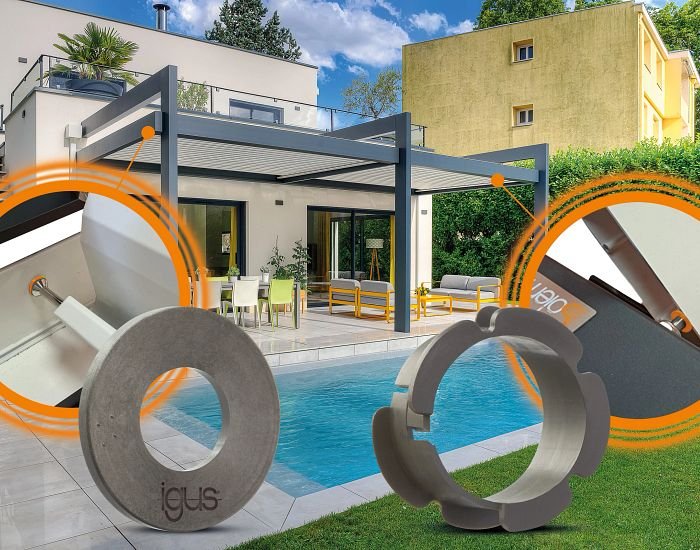Sunilux Solembra elektrikli biyoklimatik pergolanın alüminyum lamelleri; lamel mekanizmasında igus iglidur polimer yataklar kullanılıyor
